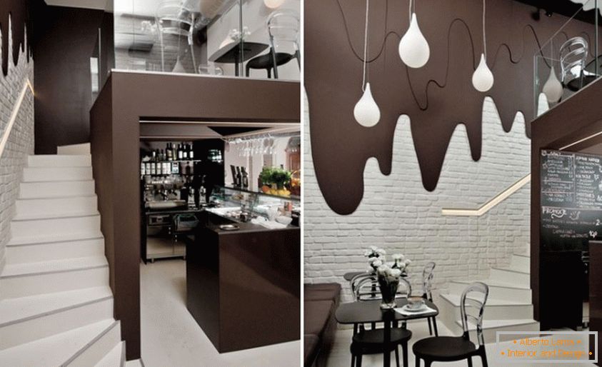 Interiérová kaviareň s čokoládovými stenami s rozmazanými farbami