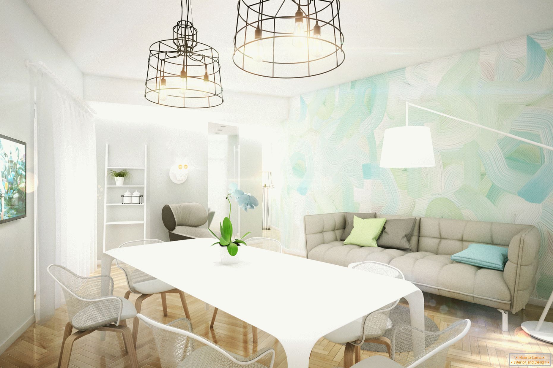Dizajnový apartmán v pastelových farbách: obývacia izba
