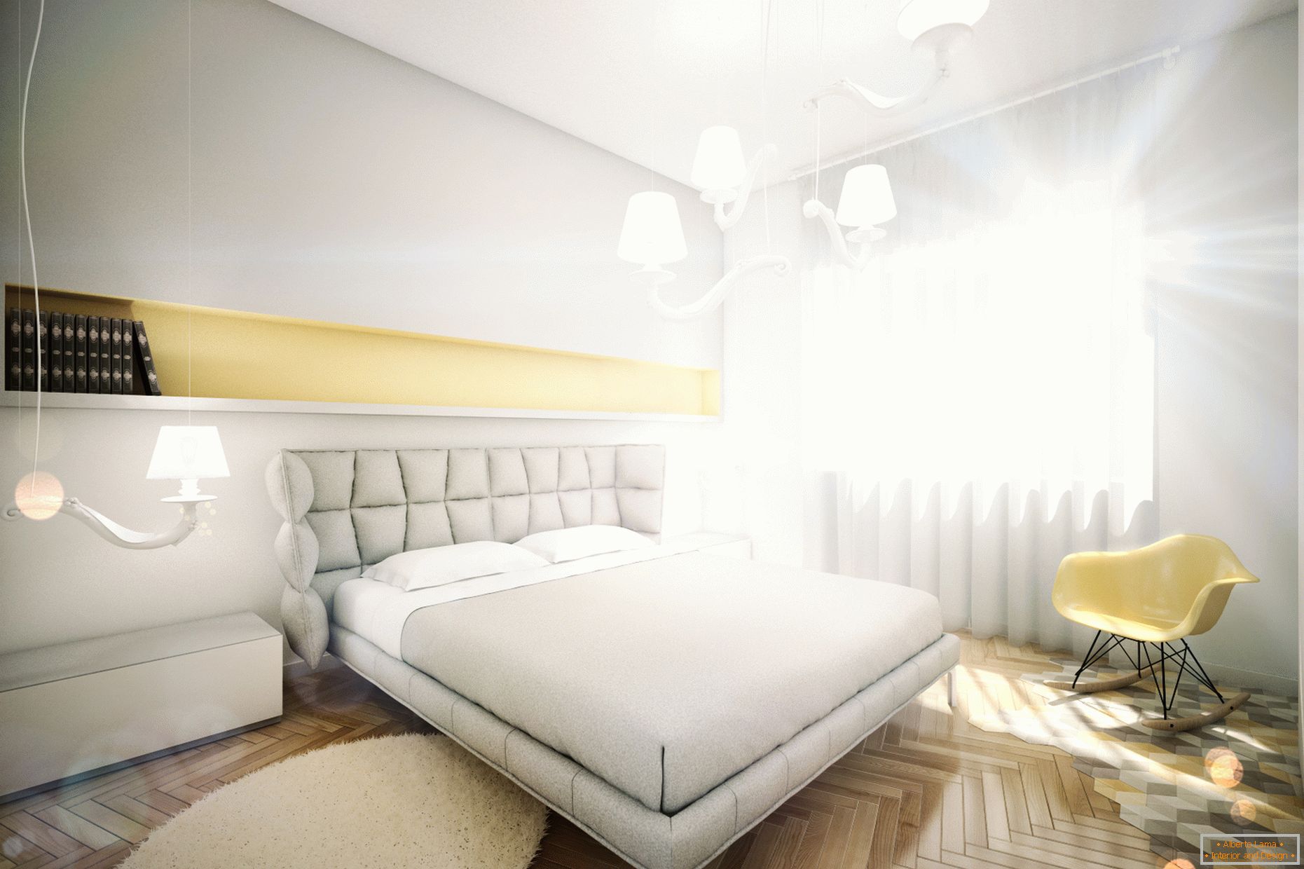 Dizajnový apartmán v pastelových farbách: spálňa