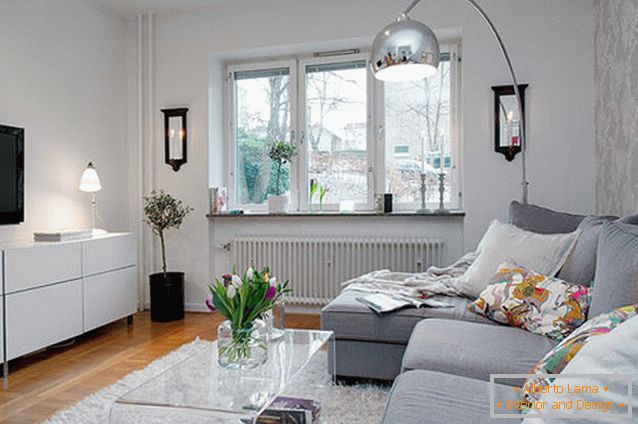 Obývacia izba malého bytu v Goteborgu