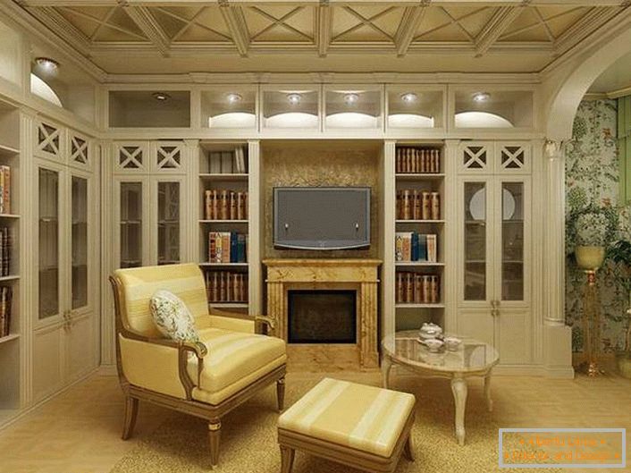 Svetlá izba v štýle krajiny s riadne zvoleným osvetlením. V interiéri, v najlepších tradíciách krajiny sa používajú prvky drevenej výzdoby.
