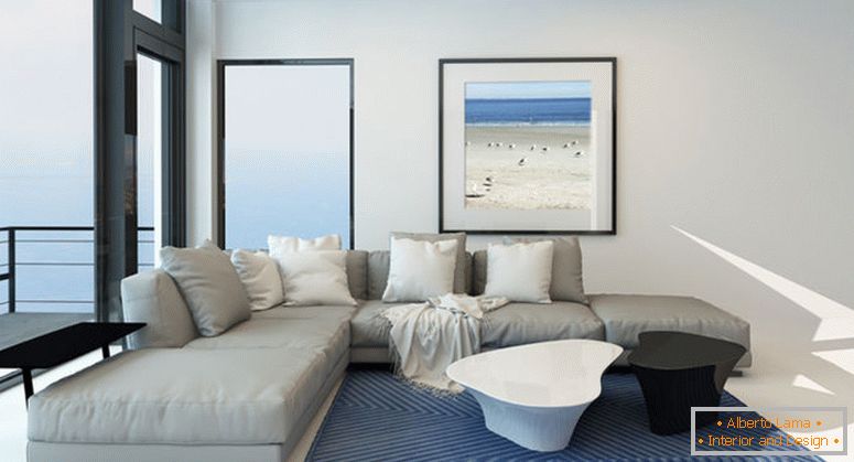 Moderná nábrežná obývacia izba s jasným vzdušným interiérom v obývacej izbe s komfortným moderným čalúneným šedým apartmánom, umením na stenu a veľkým panoramatickým výhľadom pozdĺž jednej steny s výhľadom na oceán