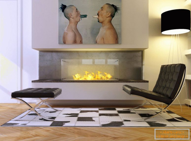 obývacia so vstavaným-in ohnisko v štýle minimalizmu