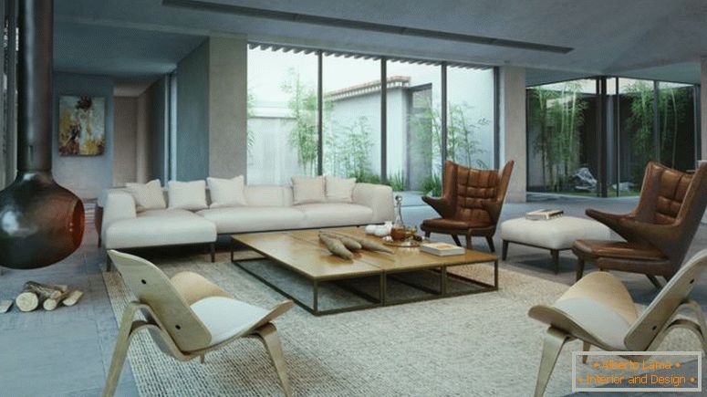 moderný štýl-sofa-s-drevené-kávový stôl-tiež-hnedé krídlo stoličky-tiež-krb