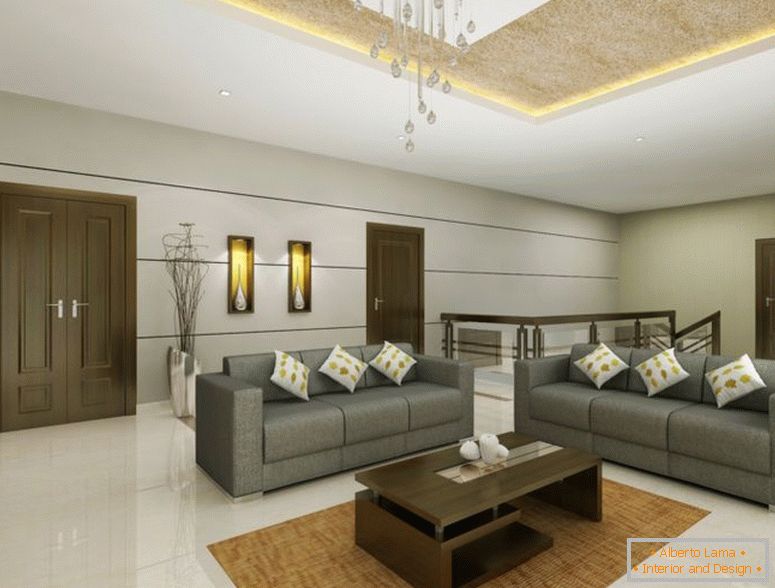 simple-obývacia izba-design-nápady-s-šedo-farebné-pohovky-and-jedinečný tvar hnedá drevená-coffee-table-i-plyšové-koberce-and-white-keramika-podlahy i-raindrop- krištáľovo luster-as-i-as-home-dekorácie