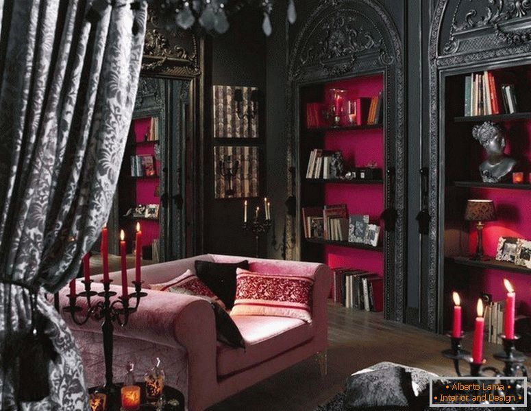 Temný interiér obývacej izby v gotickom štýle