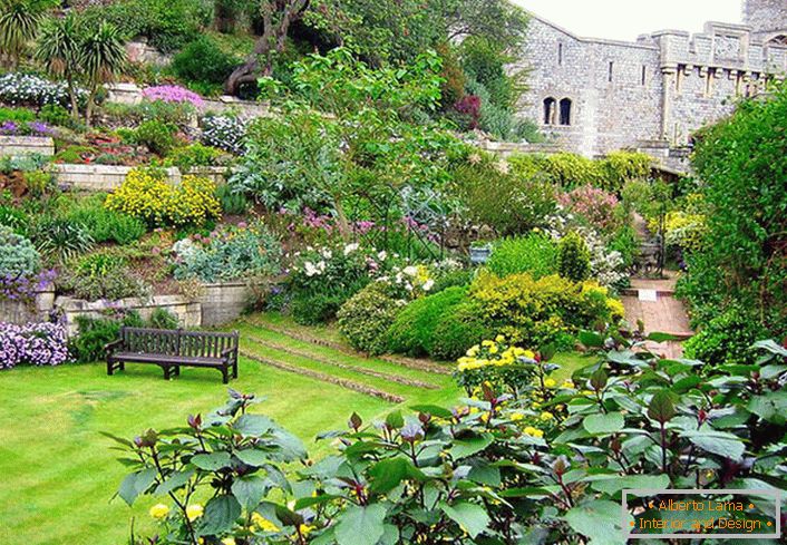 Pre dizajn krajiny v stredomorskom štýle bol použitý anglický trávnik, ktorý spolu s množstvom kvetín robí záhradu bohatou a pestrú. 