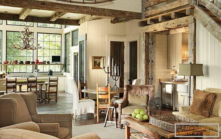 Správne zvolená kombinácia nábytku a nábytku v interiéri obývacej izby robí dedinský štýl tvorivým a nezvyčajným riešením pre dekoráciu. 