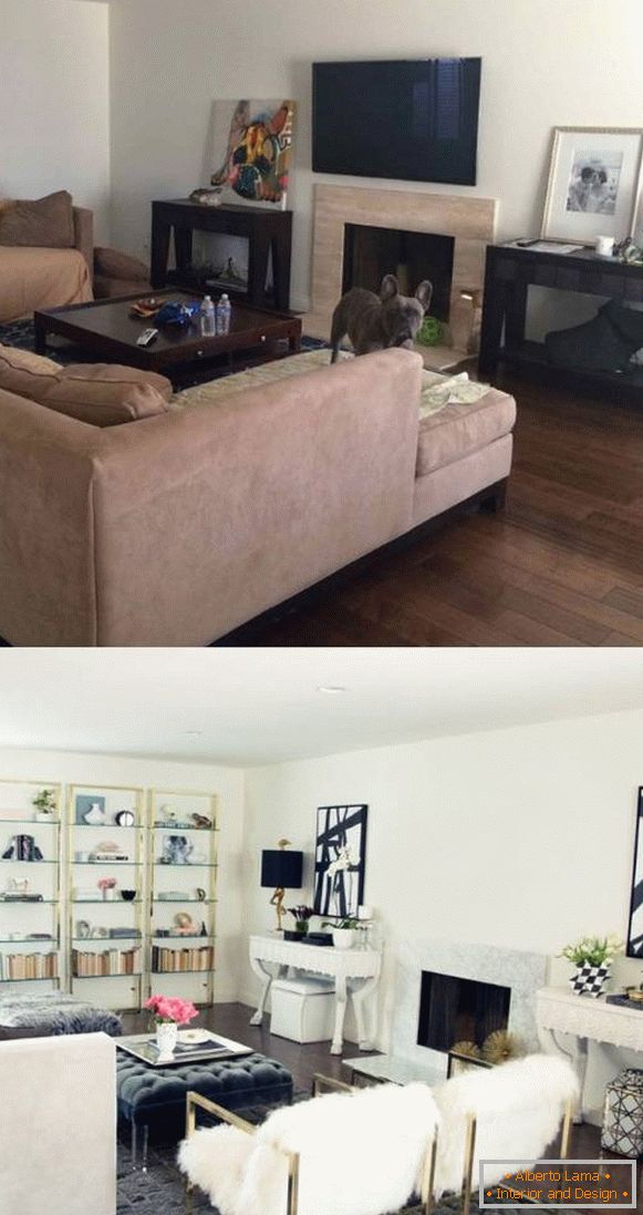 Interiéry obývačky súkromného domu pred a po