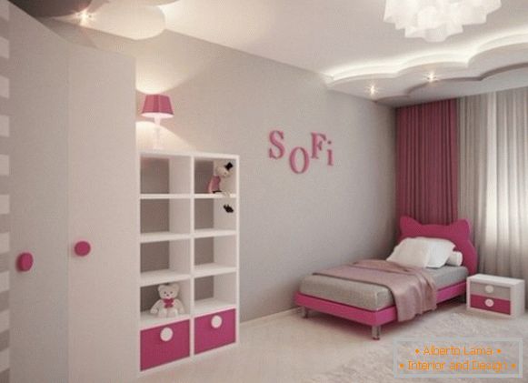 просторный серо-розовый interiér detskej spálne