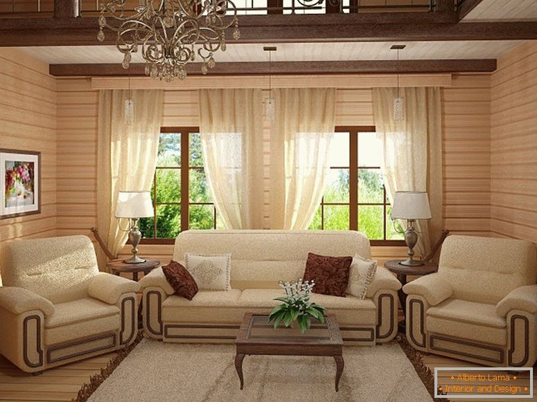 Obývacia izba v dome z dreva