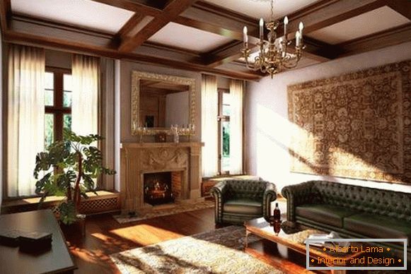 Interiér obývacej izby s krbom v súkromnom dome - klasický štýl