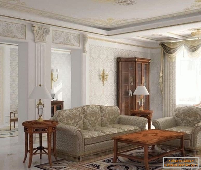 Stolné lampy, steny v dizajne obývacej izby v klasickom štýle
