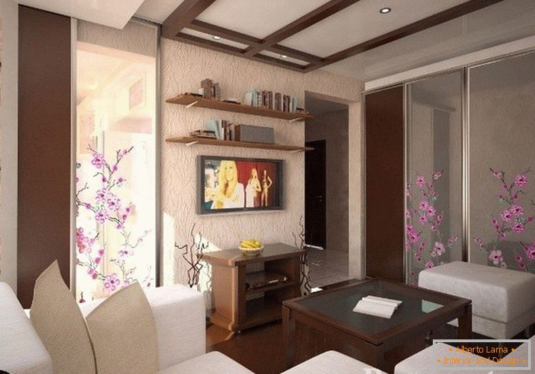 Kombinácia bieleho a hnedého nábytku v obývacej izbe