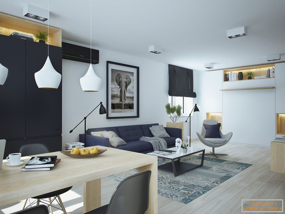 Interiér malého bytu v kontrastných farbách - гостиная