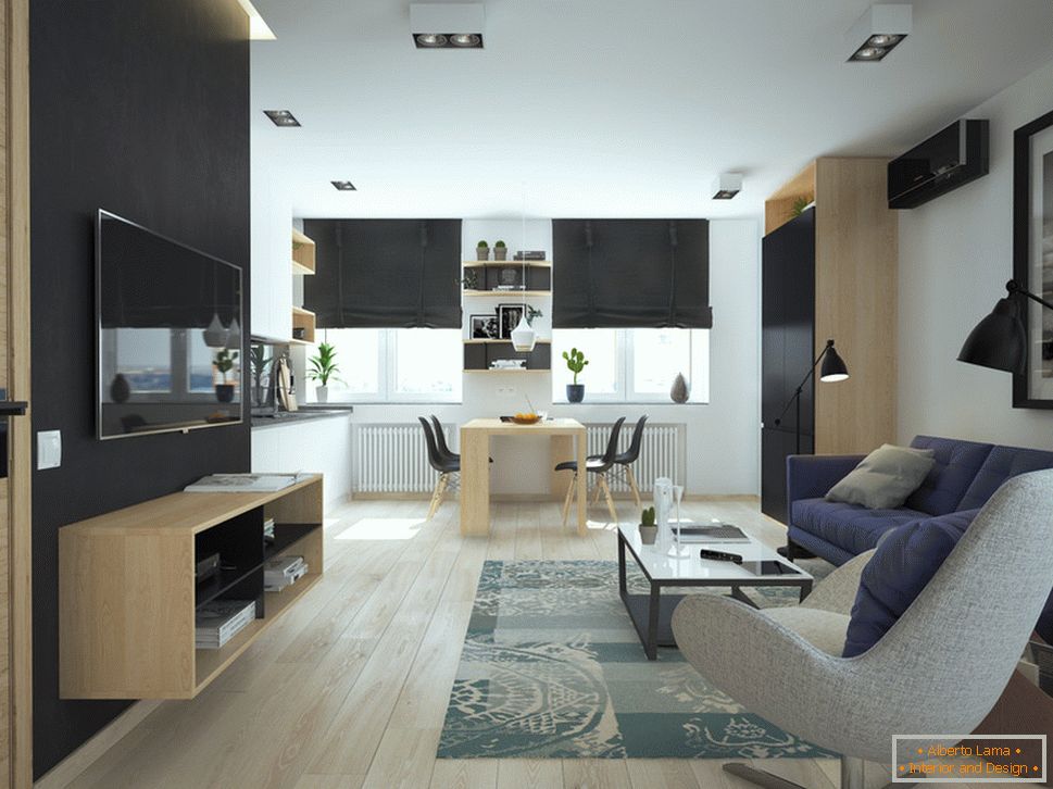 Interiér malého bytu v kontrastných farbách - гостиная и столовая