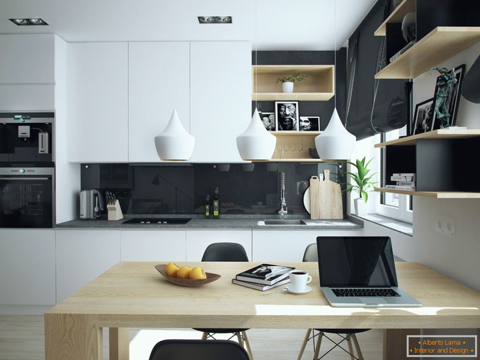 Interiér malého bytu v kontrastných farbách - кухня