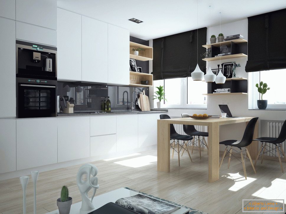 Interiér malého bytu v kontrastných farbách - кухня и столовая