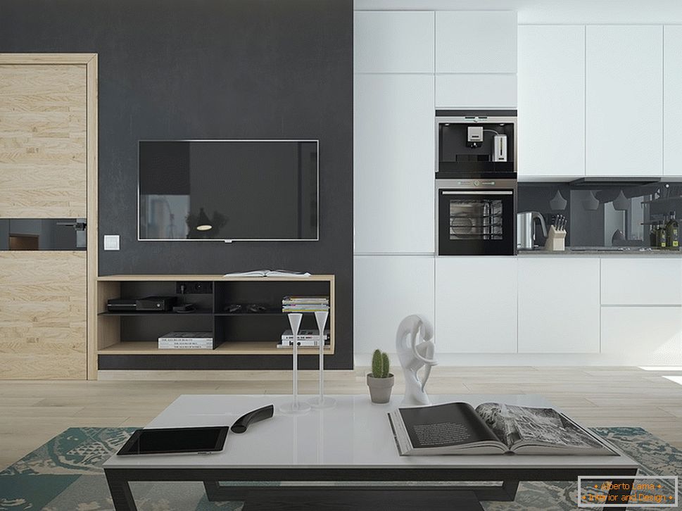 Interiér malého bytu v kontrastných farbách - кухня и гостиная