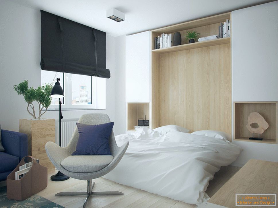Interiér malého bytu v kontrastných farbách - спальня