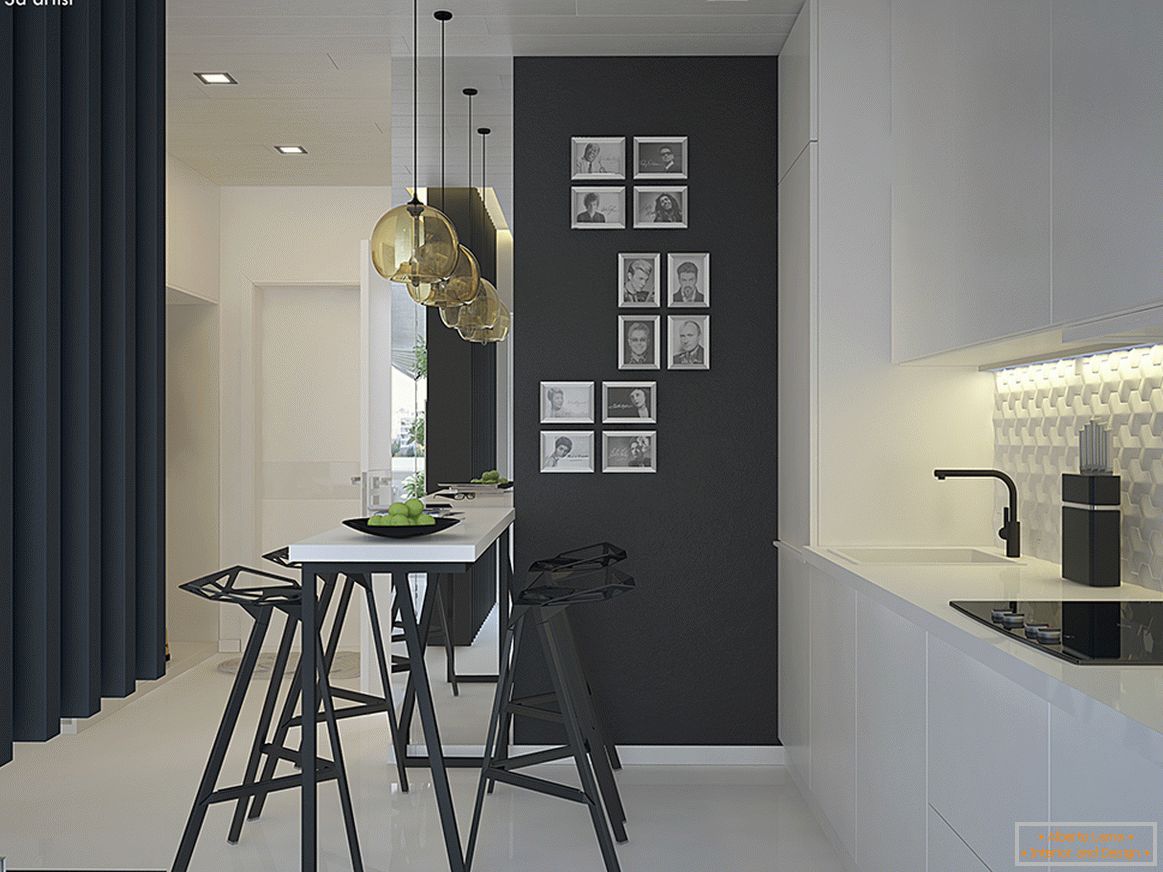 Interiér malého bytu v kontrastných farbách - кухня