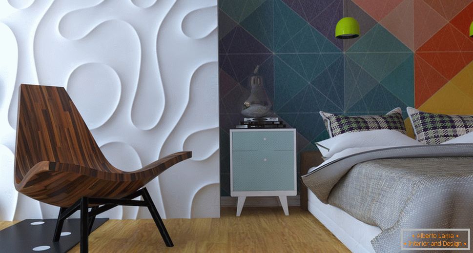 Interiér malého bytu v jasných farbách - спальня