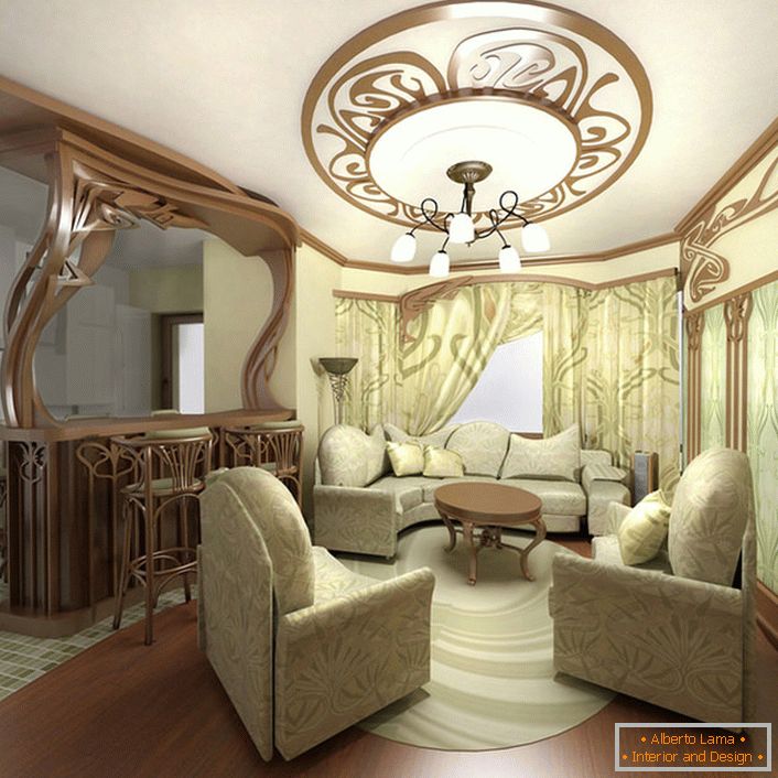 Vynikajúci nábytok pre malý obývací priestor v secesnom štýle v mestskom byte v Moskve.