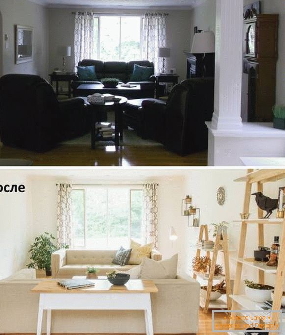 Usporiadanie nábytku v obývacej izbe pred a po výmene