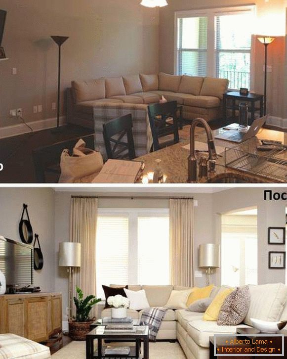Varianty usporiadania nábytku v salóne na fotografii pred a po