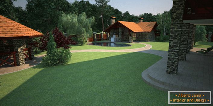 Dizajn nádvoria vidieckeho domu je vytvorený pri zohľadnení pristátia anglického trávnika. 