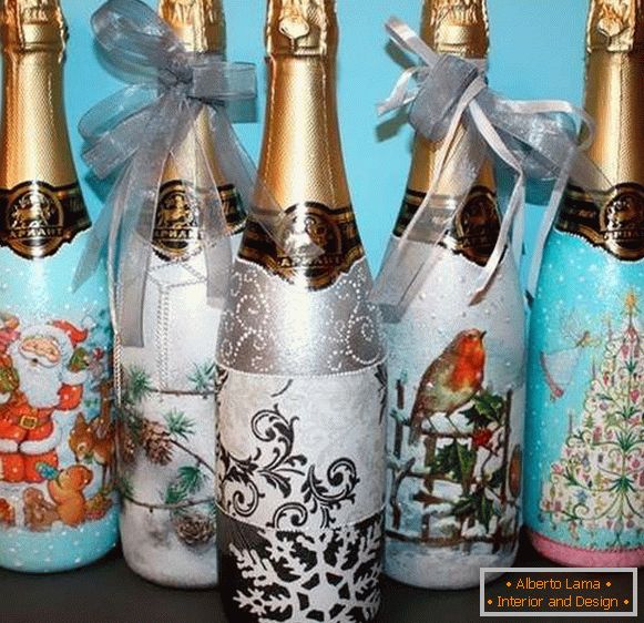 Decoupage a výzdoba fľaše šampanského na Nový rok