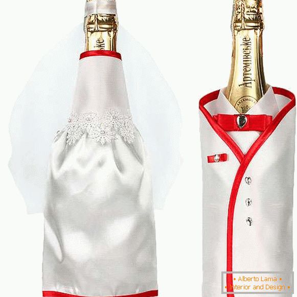 Ako zdobiť svadobnú fľašu šampanského vlastnými rukami - najlepšie nápady s fotografiou