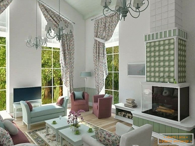Obývacia izba s krbom a panoramatickými oknami vo vidieckom dome