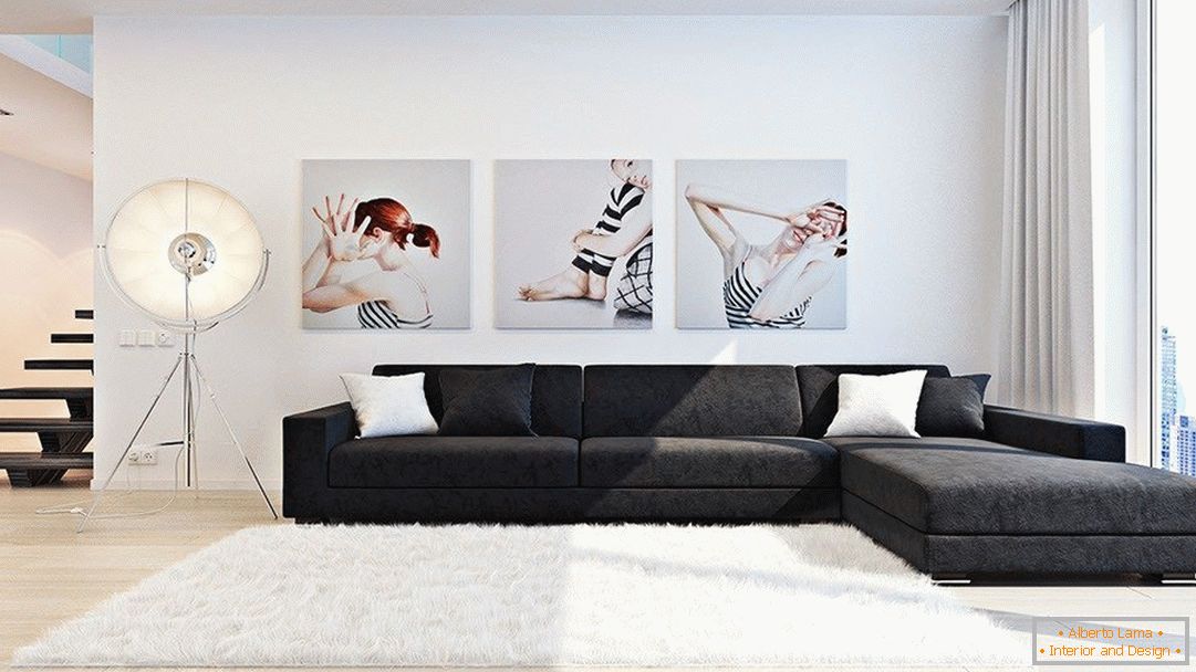 Obývacia izba v minimalistickom štýle s obrazmi