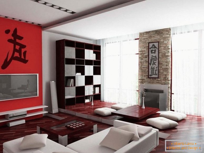 Priestranná obývacia izba v červenej a bielej farbe