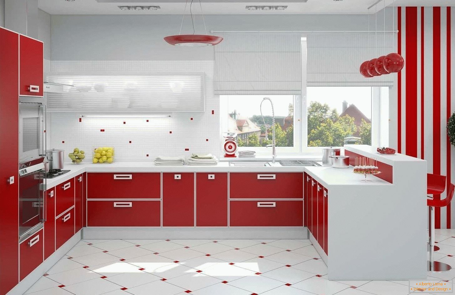 Červený a biely interiér kuchyne