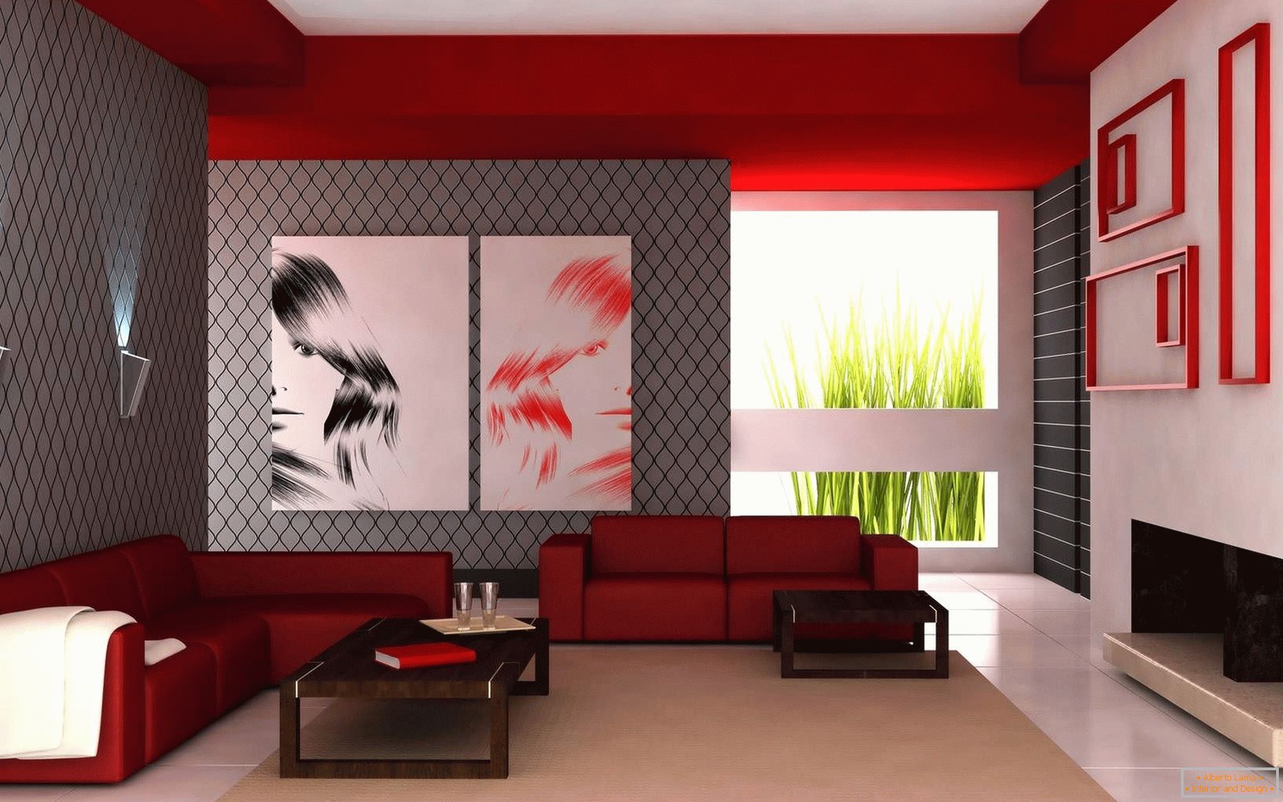 Kombinácia bielej, červenej a šedej farby v obývacej izbe