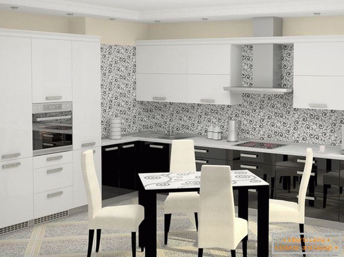 Biela a čierna kuchyňa v high-tech štýle s vstavanými spotrebičmi vyzerá ekologicky v celkovom koncepte dizajnového nápadu. 
