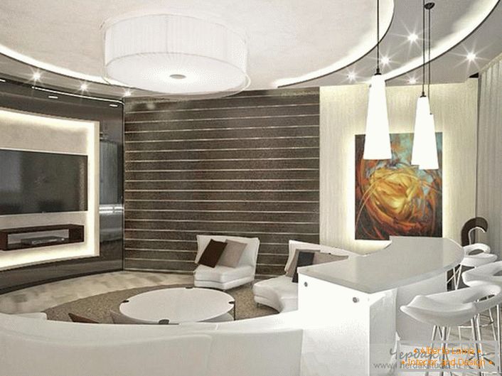 Návrhár úspešne vybral osvetlenie obývacej izby v štýle high-tech. Viacpodlažné zavesené stropy majú priaznivý vzhľad s bodovým osvetlením.