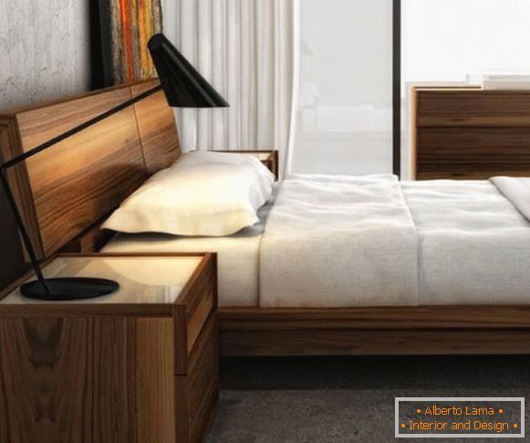 Модная кровать для спальнa aз дерева - фото в aнтерьере