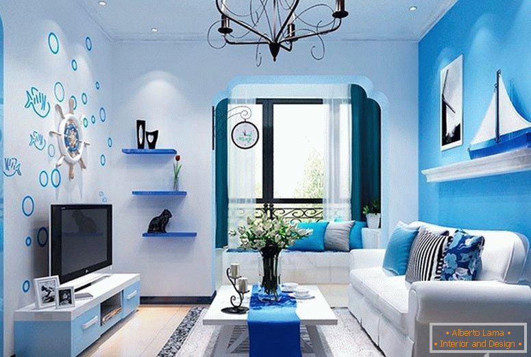 Obývacia izba s modrým interiérom