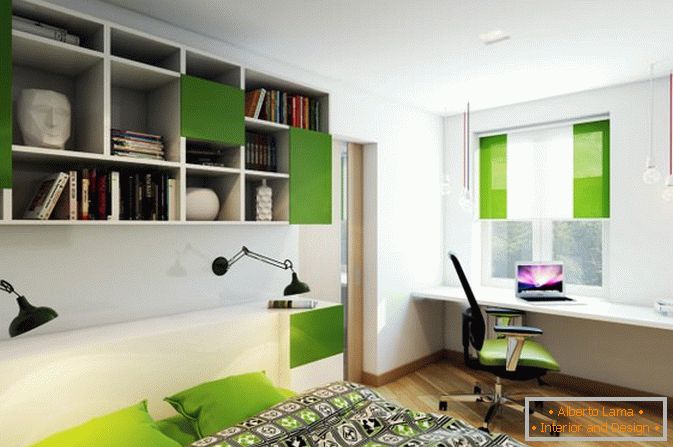 Zelené akcenty v spálni malého štúdia v Rusku