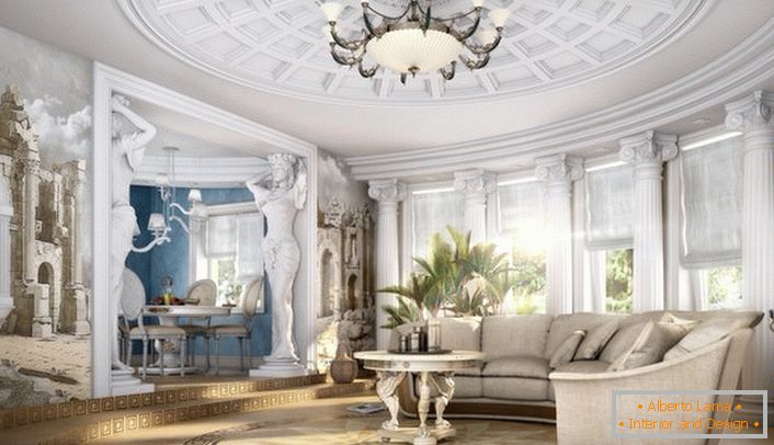 Priestranná neoklasicistická obývacia izba s riadne vybraným nábytkom. Nenápadné klasiky v modernom prevedení.
