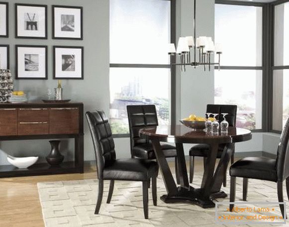Elegantný okrúhly jedálenský stôl s koženými stoličkami