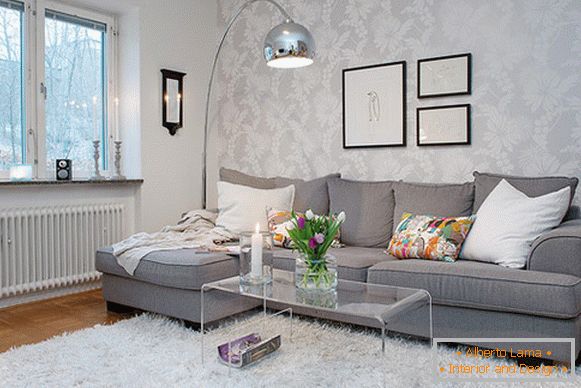 Obývacia izba malého bytu v Göteborgu