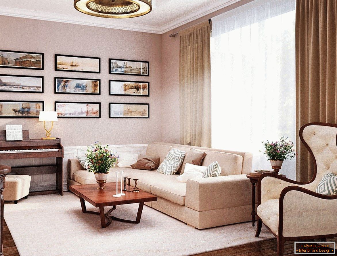 Klasický interiér obývacej izby v béžových tónoch