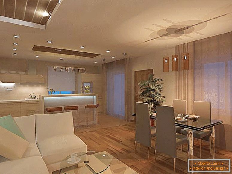 Minimalistická obývacia izba je kombinovaná s kuchyňou. V minimalistickom štýle nie je použitie stropných lustrov typické, najlepšou možnosťou je bodové osvetlenie LED.
