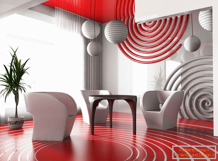 Jedáleň v avantgardnom štýle. Kombinácia jasne červenej farby s neutrálnou šedou vyzerá ziskovo.