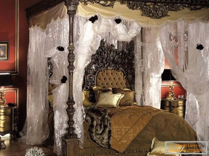 Správny dizajn barokovej spálne v tmavých farbách.