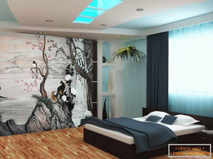 Ak chcete zdobiť steny spálne v štýle japonského minimalizmu, použila sa tapeta s fotografickým tlačiarenstvom. Tematická kresba robí kompozíciu originálnou a kompletnou.
